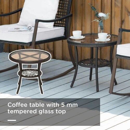Bobobiy Rattan Bistro Set, 3 Pieces Wicker Garden Set with Rocking Chairs and Round Glass Top Coffee Table, Brown
