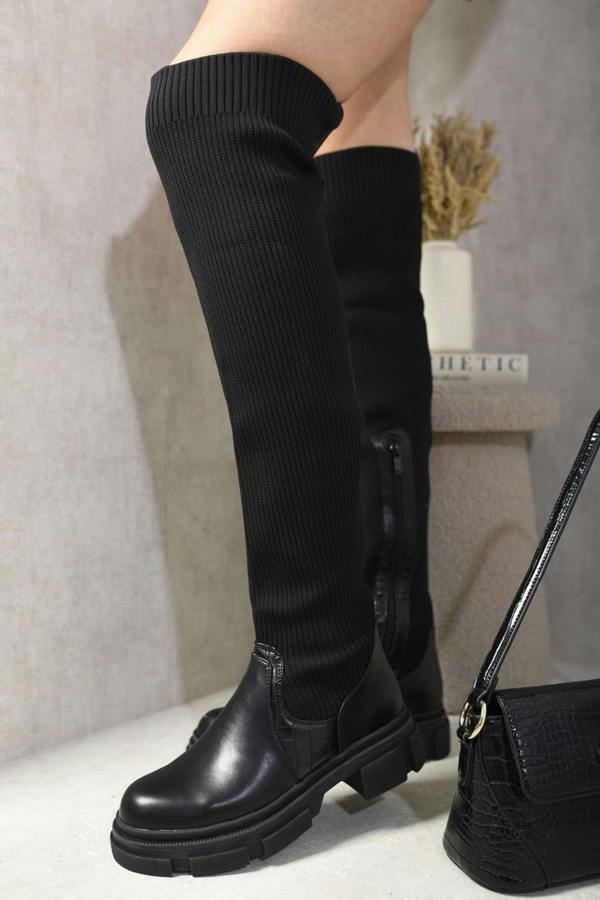 Carla Knitted Platform Over The Knee Chunky Boots - Black