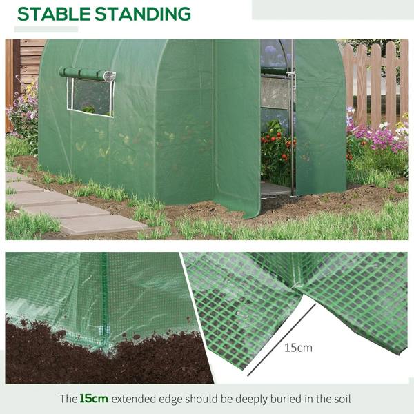 Green walk-in greenhouse with zipped mesh door window and extended bottom edge for soil