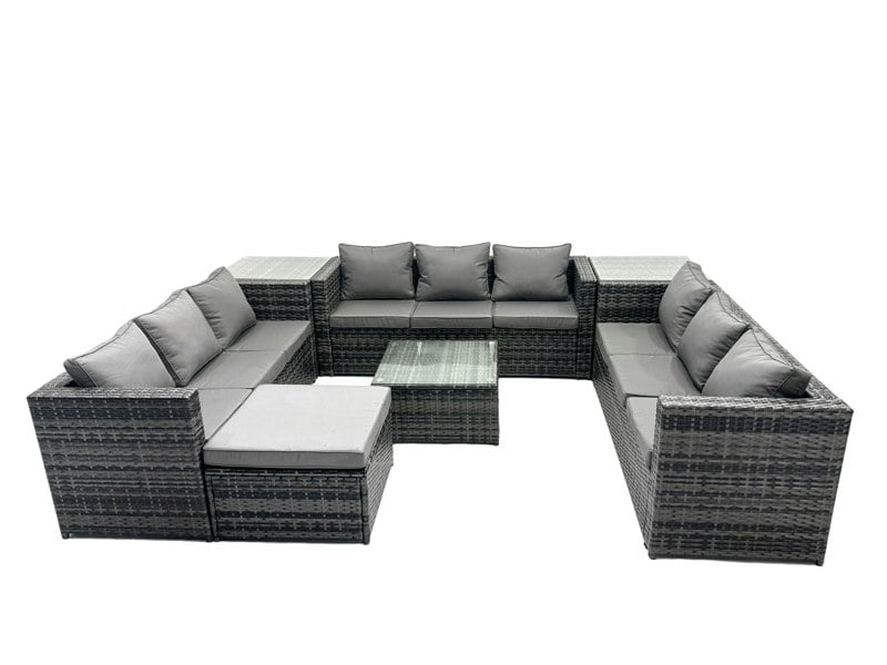 Fimous 10 Seater U Shape Rattan Sofa Set Outdoor Garden Furniture Patio With 3 Table Dark Grey Mixed