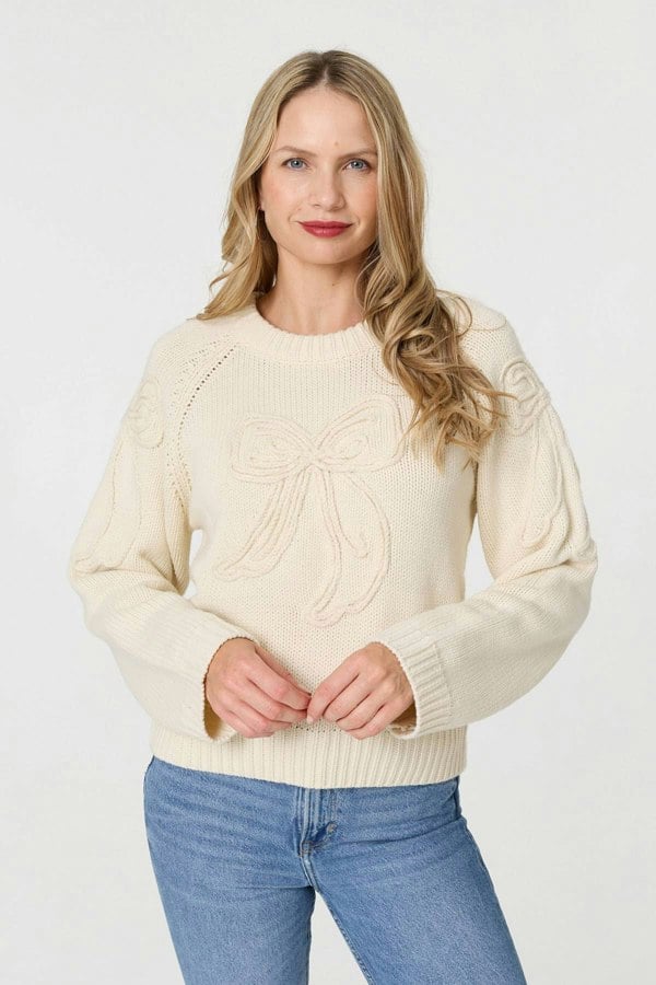 Cream | Bow Embroidered Long Sleeve Jumper