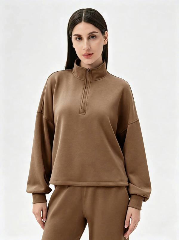 Anniou Casual Quarter Zip Pullover - Brown