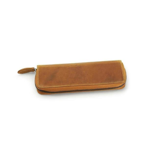 Brown leather wallet with a zipper on a white background