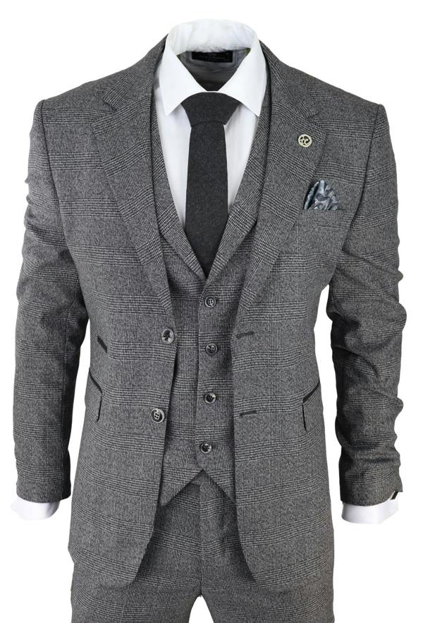TruClothing Mens Grey 3 Piece Suit Prince of Wales Check Classic Tailored Fit Wedding Suit