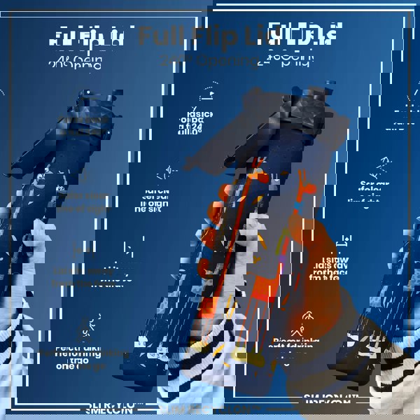 A water bottle with a 240° opening flip lid is being held. The bottle features a giraffe design. It's advertised as perfect for on-the-go drinking. SLIM RECYCLON™