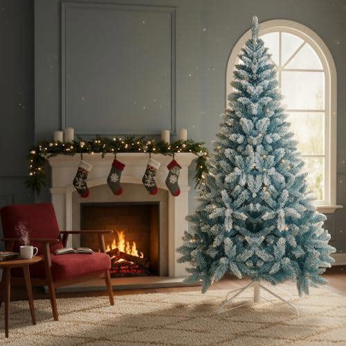 4ft to 8ft Blue Flocked Artificial Christmas Tree with Snowy Winter Effect and 308 Tips image 6