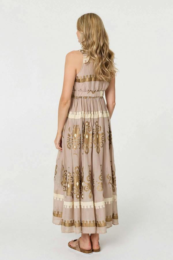 Brown | Printed Ruched Sleeveless Maxi Dress