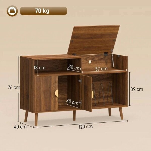 Bobobiy Record Player Stand, Vinyl Record Holder with Storage Holds Up to 300 Albums with Flip-Top Compartment, Walnut