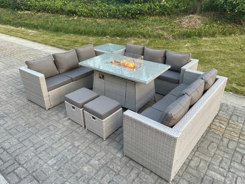 Fimous Rattan Outdoor Garden Dining Set With Gas Heater Firepit Dining Table, 3 Sofas, 1 Side Table, 2 Foot Stools - 11 Seater - Light Grey