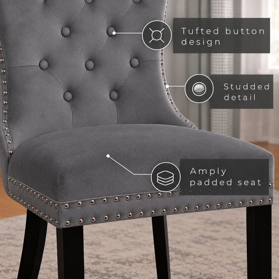 Neo Direct Neo Set of Six Dark Grey Studded Velvet Dining Table Chair with Ring Knocker Detail