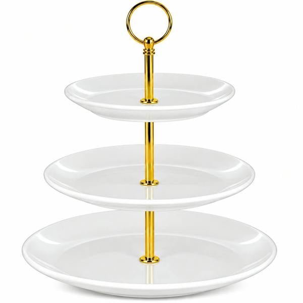 ATEK 3 Tier Ceramic Cake Stand with Gold Handle Afternoon Tea Serving Plates