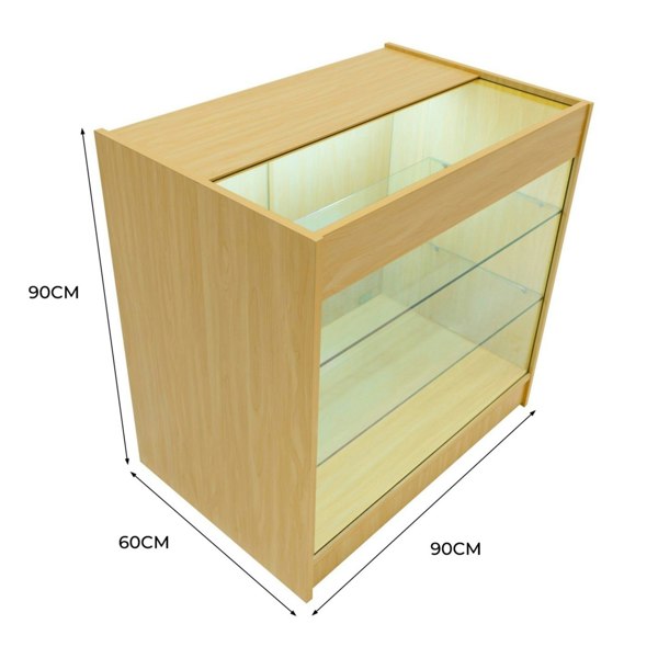 LED retail shop counter K900 in maple finish, featuring a glass display top, illuminated interior, and sleek, modern design