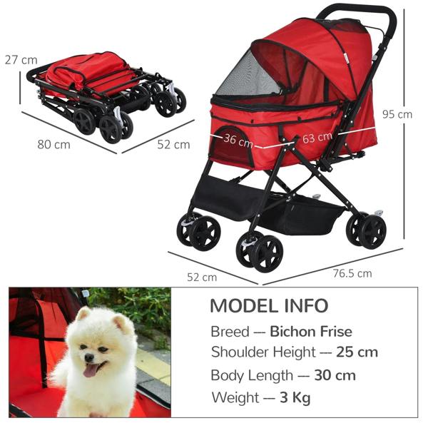 Red pet stroller pushchair showing dimensions, black frame, wheels, and canopy.