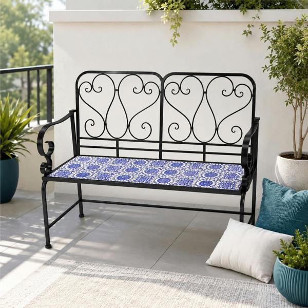 Porto Mosaic 2 Seater Garden Bench, 112cm Outdoor Patio Seat with Ceramic Tile Seat, Scrollwork Backrest & Metal Frame image 1