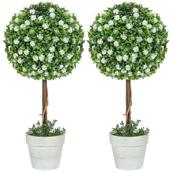 Set of 2 artificial topiary trees with white flowers in grey pots