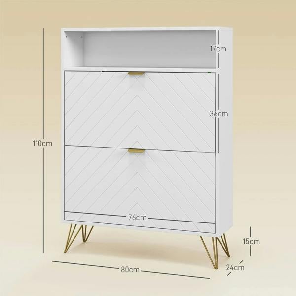 White shoe storage cabinet dimensions view, chevron doors, open shelf, gold hairpin legs