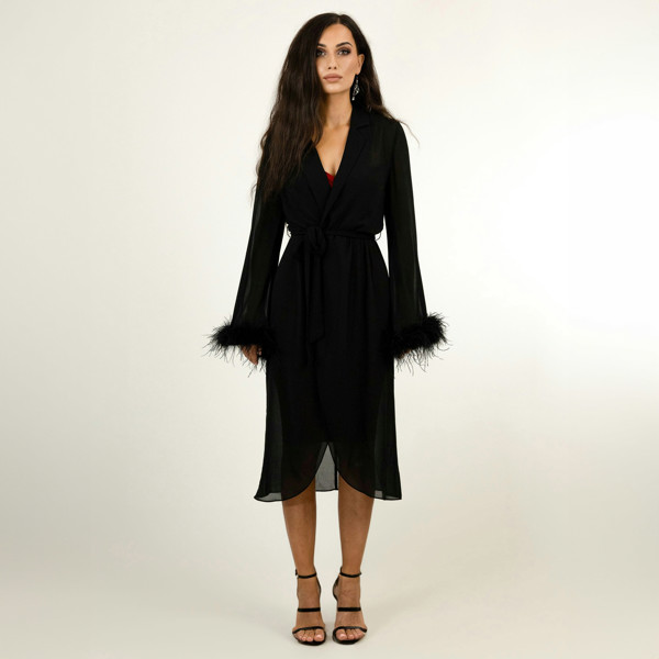 BALOU Ostrich Feather Trimmed Wrap Midi Dress - Black