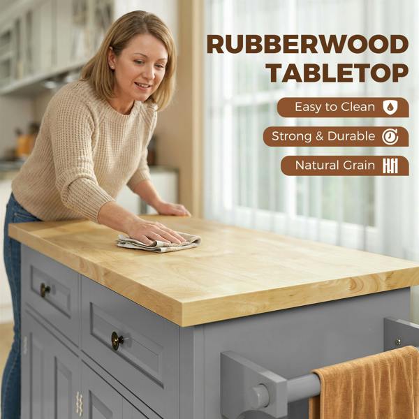 HOMCOM Rolling Kitchen Island Cart with Rubber Wood Top, Spice Rack, Grey