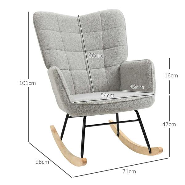 Light grey wingback rocking chair with dimensions overlay