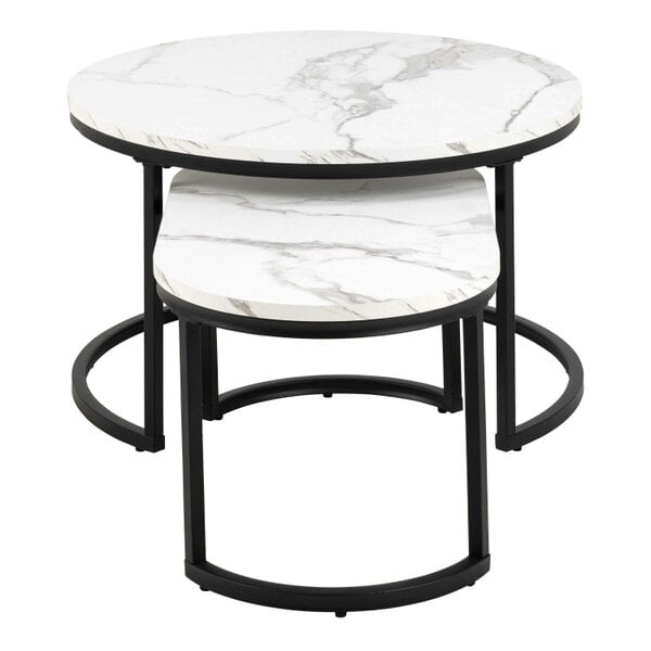 Wyld Haus Copenhagen Round White Marble Effect Nesting Coffee Table Set Black Metal Legs