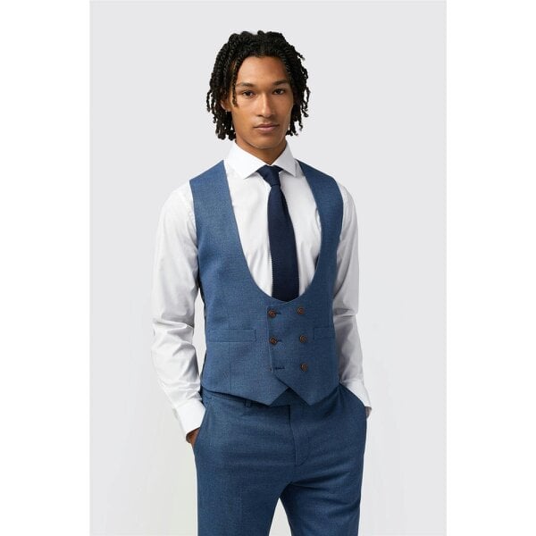Antique Rogue Blue Textured Double Breasted Stretch Waistcoat