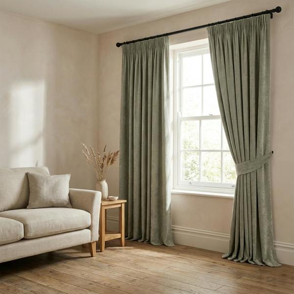Braga made-to-measure curtains in Mist, styled in a living room