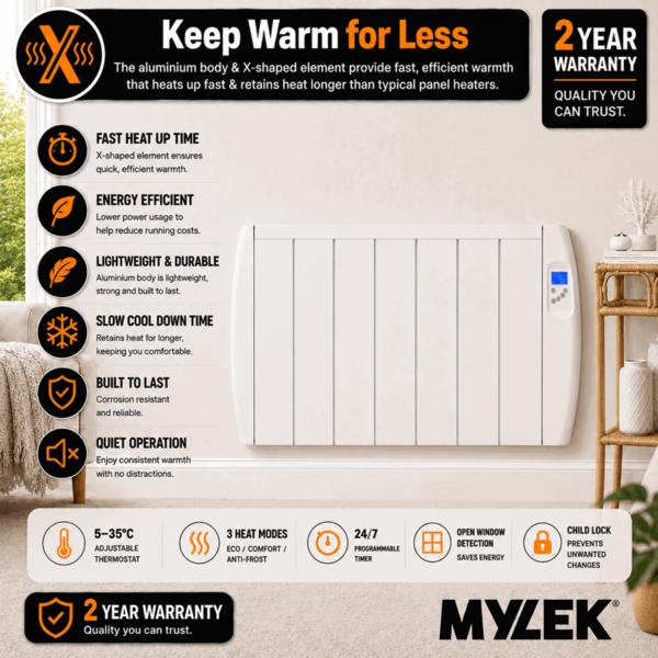 MYLEK Panel Heater Radiator 2000W Electric with Programmable Digital Timer