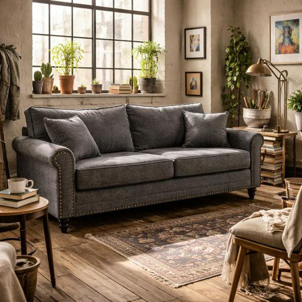 Wyld Haus Tael Yolo Grey Fabric 3 Seater Sofa With Nail Head Trim And 2 Cushions