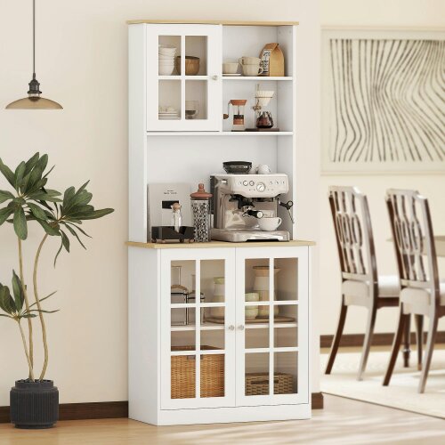 Wyld Haus Somire Wooden White Kitchen Storage Cabinet With Glass Doors Countertop And Adjustable Shelves