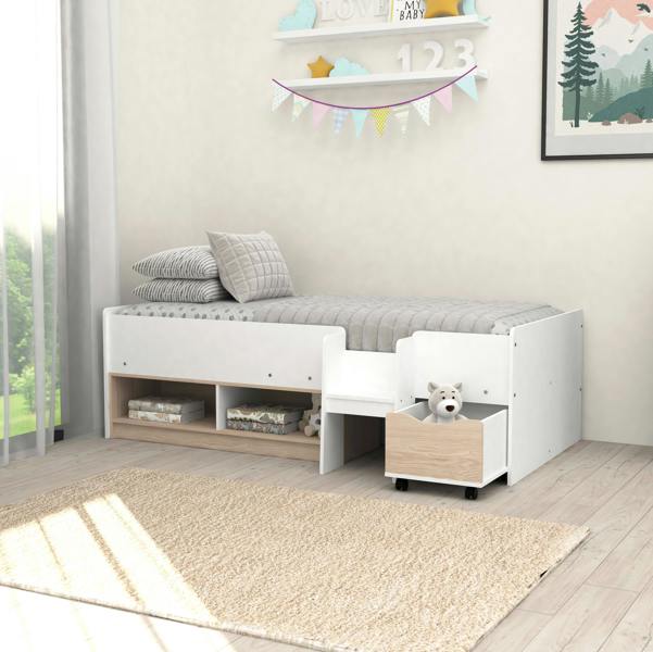 Kudlhome Single Cabin Bed with Storage and Pull out Drawer, White Oak Effect