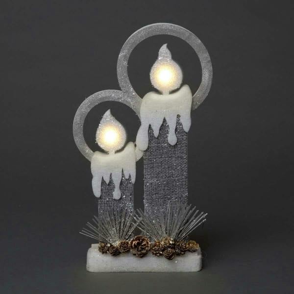31cm and 41cm Grey Twin LED Candle Table Decorations with Glitter Foam Snow Finish image 1