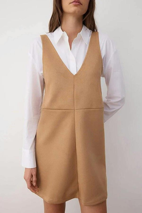 WOVCOR V-Neck Vest Suede Mini Knit Dress
