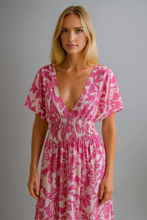 Hoxton Gal Oversized Floral V-Neck Boho Style Smocked Mini Dress