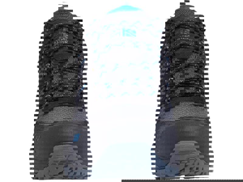 Karrimor Bodmin Low 6 Mens Walking Hiking Trekking Trainers, close-up of a men's hiking trainer in black and blue with durable sole and breathable fabric for outdoor adventures.