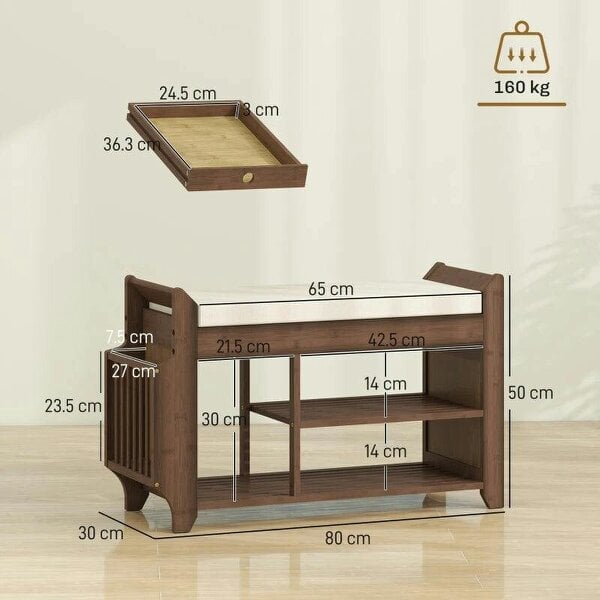 Shoe Bench 2-Tier Boot Section Entryway Storage Bench Cushioned Seat 80 x 30 x 50 cm Dark Brown and Cream