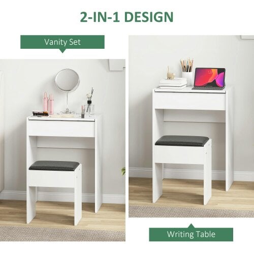 Wyld Haus Nolena White Wood Vanity Table With Flip Up Mirror Padded Stool And Storage
