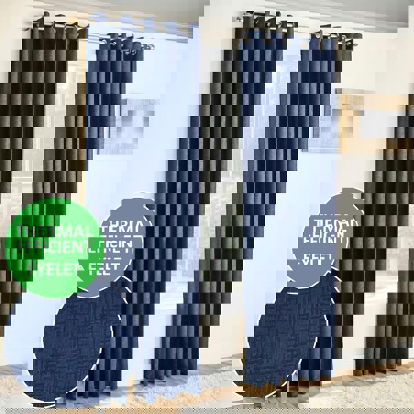 Enhanced Living Navy Plain Textured Thermal Room Darkening Energy Saving Pair of Curtains For Bedroom & Living Room