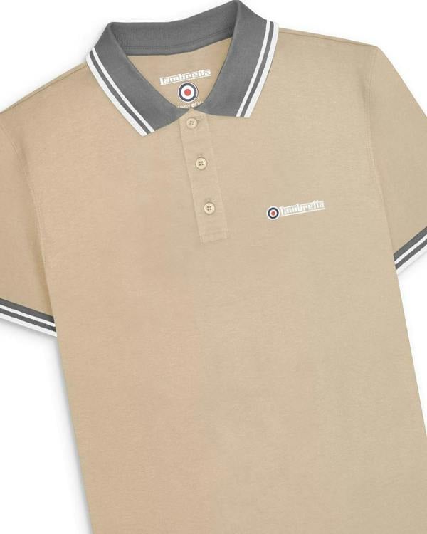 Lambretta Contrast Tipped Mens Mod Ska Casual Polo, beige polo shirt with grey collar and white and grey striped edges, embroidered Lambretta logo on chest.