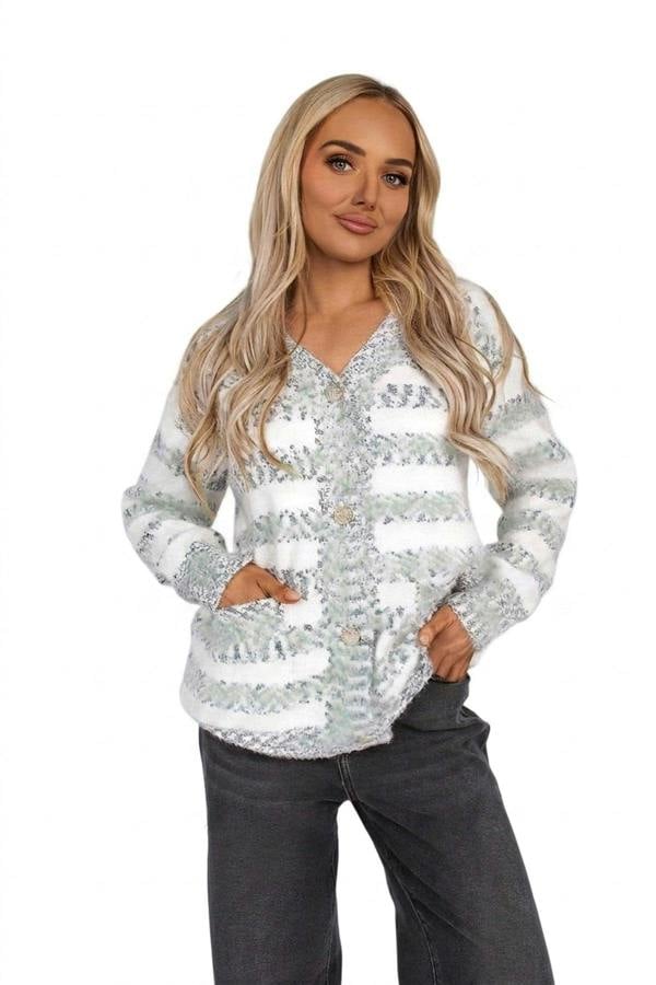 Mirla Striped Button Front Knitted Cardigan - Blue_wb