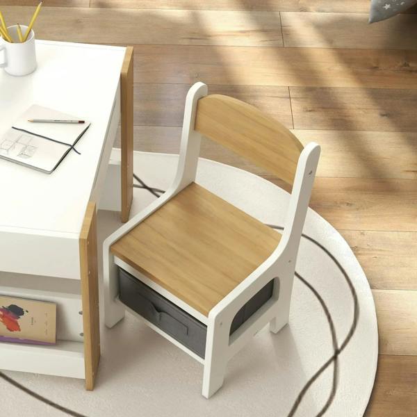 Kids chair with natural wood seat panel and gray storage drawer front