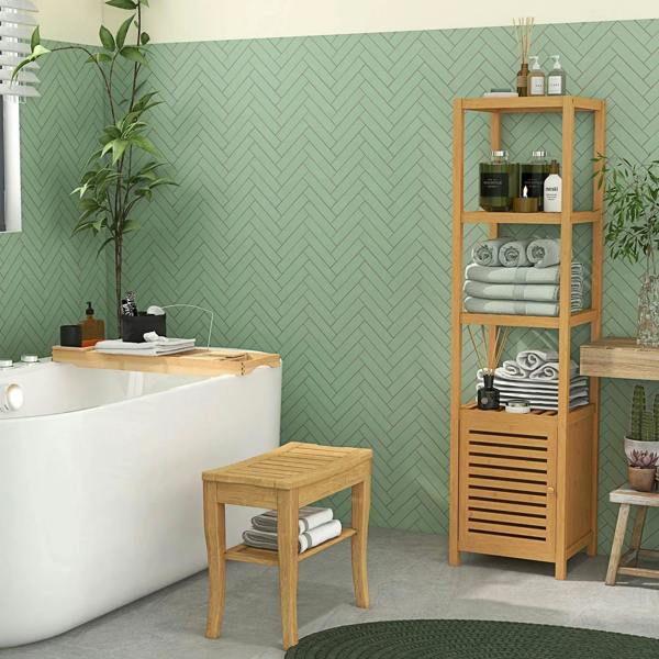 Natural wood slatted shower bench stool with tabletop and lower shelf beside bathtub.