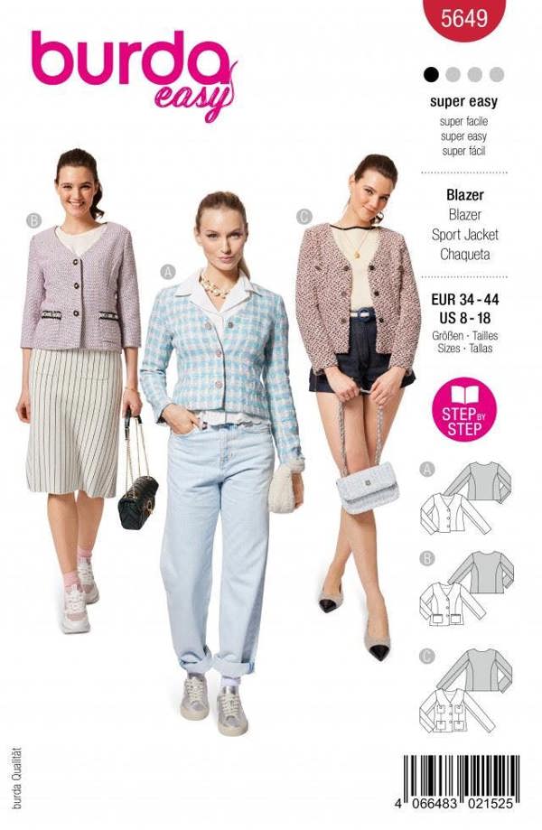 Burda Sewing Pattern 5649 Jackets For Women, 8 to 18 - Easy, Beginner