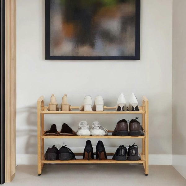 BMBO 3-Tier Wooden Shoe Rack With Sloped Shelves Natural Brown