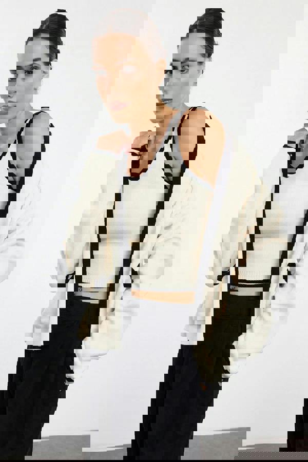 WOVCOR 2-Piece Color Block Knit Blouse-Cardigan Set