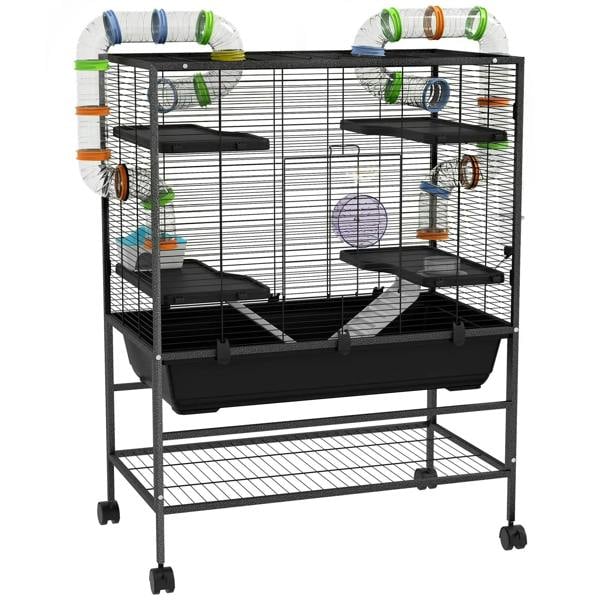 Large black hamster cage with multi-level platforms, ramps, and hanging accessories