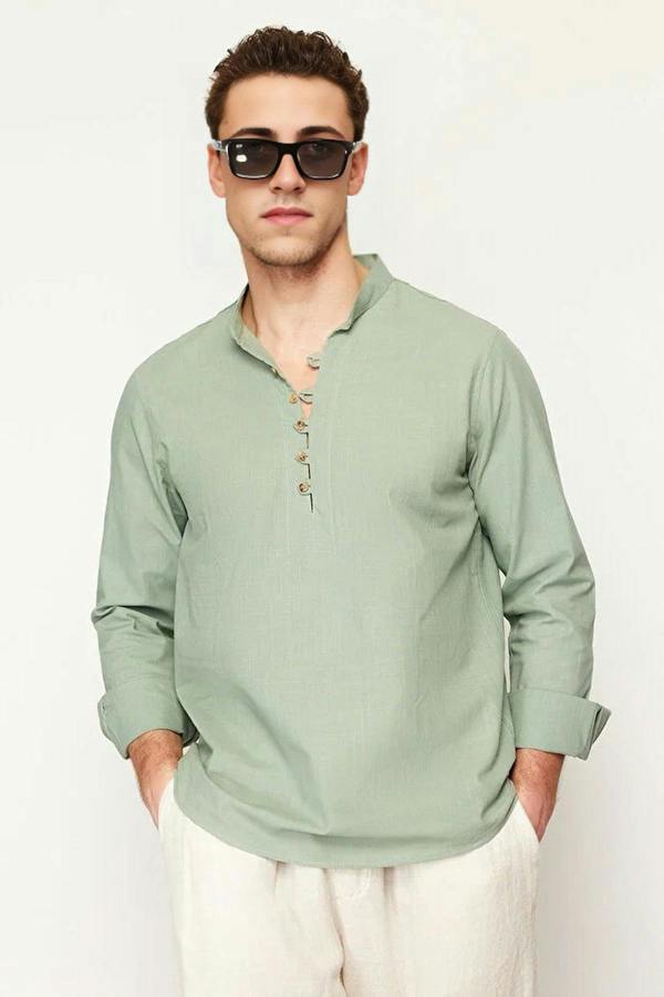 WOVCOR Slim Fit Half Placket Mandarin Collar 100% Cotton Linen Look Men’s Shirt