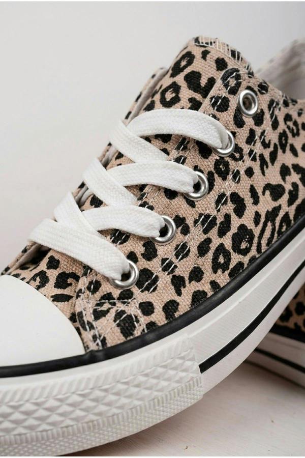 Pearl Canvas Lace Up Low Trainers - Leopard