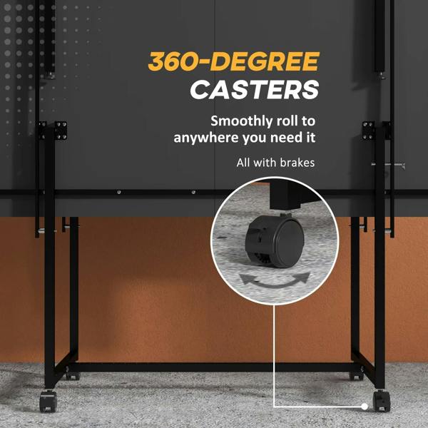 Blue folding table tennis table on caster wheels with brakes