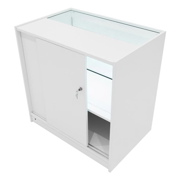 White Andromeda LED shop counter set with sliding glass doors, showcasing a sleek design and illuminated interior shelves