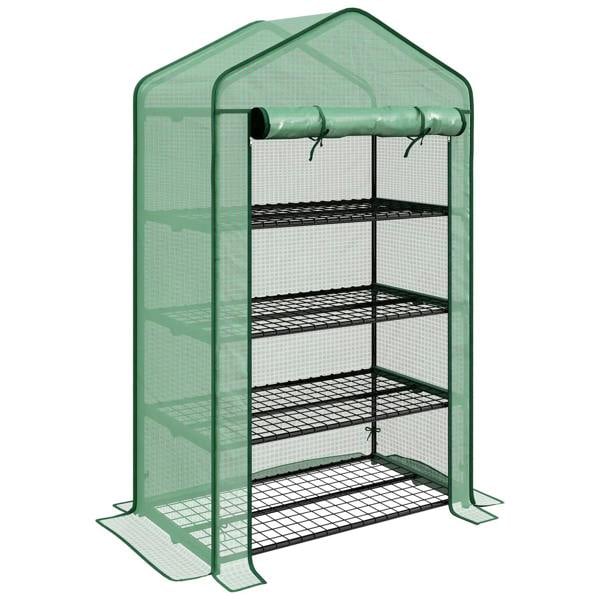 Green four-tier mini greenhouse with translucent plastic cover and wire shelving